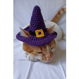 Furrever Crochet Mor Siyah Cadı Şapka Sarı Tokalı Örgü Kedi Köpek Şapkası Halloween Witch Pet Aksesuarları