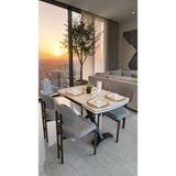 Fursimo Tera Serisi Açılır Yemek Masası Takımı 80X120 cm BEYAZ TRAVERTEN DESEN (180 cm Açılır) – SİYAH Metal Ayak 4 Sandalyeli - Beyaz - Siyah - 80 x 120 cm