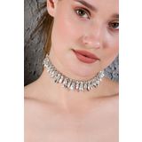 Furtek Aksesuar Kadın Büyük Küçük Badem Zirkon Taşlı Model Gümüş Pırlanta Abiye Düğün Nişan Gelin Kolye Tasma Choker