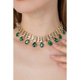 Furtek Aksesuar Kadın Elegante Model Zümrüt Yeşili Renk Gold Kaplama Damla Taş Detaylı 3 Sıra Zirkon Choker Kolye