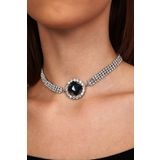 Furtek Aksesuar Kadın Siyah Oval Model Zirkon Taşlı Gümüş Pırlanta Abiye Gerdanlık Düğün Nişan Kolye Tasma Choker