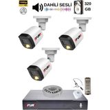 Fury 3 Kamera Sesli Gece Renkli Güvenlik Kamerası Full Hd-Su Geçirmez Güvenlik Kamerası Seti 320GB
