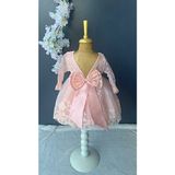 Furya Kız Bebek 0-6 Ay Gelinlik Elbise 4 Lü Mevlütlük Set Uzun Kollu Dantelli Premium Mevlütlük Elbise - Somon - 0 - 6 Ay