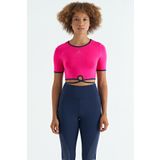 Fuşya Bel Bağlama Detaylı O Yaka Standart Kalıp Dalgıç Kumaş Kadın Crop T-Shirt - 97266