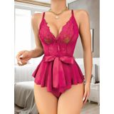 Fuşya Dantel İşlemeli Kurdelalı Tül Babydoll