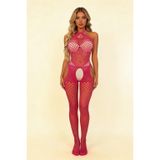 Fuşya File Vücut Çorabı Esnek Fantazi Bodysuit Tek Parça İç Giyim