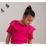 Fuşya Pembe Bisiklet Yaka Güpür Detaylı Yarım Kollu % 100 Pamuk Kız Çocuk T-Shirt - Fuşya - Pembe - 9 - 10 Yaş