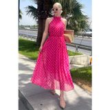 Fuşya Puantiyeli Sıfır Kol Halter Yaka Elbise MG2134