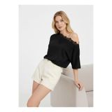 fuşyha butik Kadın Kayık Yaka Dantel Baskılı Basic T-shirt