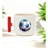 Futbol Topu Tasarımlı Kırmızı T Kulplu Seramik Baskılı Kupa Bardak 250 ml - 010 - Beyaz