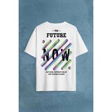 Future Is Now Colorful Gelecek Şimdi Renkli Desen Yazı Sırt Baskılı Oversize Tişört Unisex T-Shirt Beyaz XL
