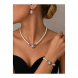 FUYA JEWELLERY Kristal Taşlı İnci Kolye, Küpe ve Bileklik Set