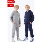 Fyk Kids 2'li Düz 3 Iplik Kışlık Kanguru Cepli Kapüşonlu Erkek Çocuk Eşofman Takımı - Gri - Lacivert - 12 Yaş