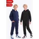 Fyk Kids 2'li Düz 3 Iplik Kışlık Kanguru Cepli Kapüşonlu Erkek Çocuk Eşofman Takımı - Lacivert - Siyah - 15 Yaş