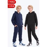 Fyk Kids 2'li Düz 3 Iplik Kışlık Kanguru Cepli Kapüşonlu Erkek Çocuk Eşofman Takımı - Lacivert - Siyah - 6 Yaş