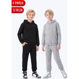 Fyk Kids 2'li Düz 3 Iplik Kışlık Kanguru Cepli Kapüşonlu Erkek Çocuk Eşofman Takımı - Siyah-Gri - 14 Yaş