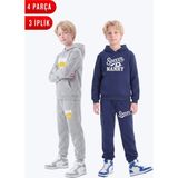Fyk Kids 3 Iplik Baskılı Kışlık Kanguru Cepli Kapüşonlu Erkek Çocuk 2'li Eşofman Takımı 4 Parça - Gri - Lacivert - 13 Yaş