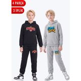Fyk Kids 3 Iplik Baskılı Kışlık Kanguru Cepli Kapüşonlu Erkek Çocuk 2'li Eşofman Takımı 4 Parça - Gri-Siyah - 9 Yaş