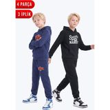 Fyk Kids 3 Iplik Baskılı Kışlık Kanguru Cepli Kapüşonlu Erkek Çocuk 2'li Eşofman Takımı 4 Parça - Lacivert - Siyah - 9 Yaş