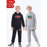Fyk Kids 3 Iplik Baskılı Kışlık Kanguru Cepli Kapüşonlu Erkek Çocuk 2'li Eşofman Takımı 4 Parça - Siyah-Gri - 12 Yaş