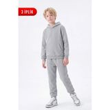 Fyk Kids 3 Iplik Düz Kışlık Kanguru Cepli Kapüşonlu Erkek Çocuk Eşofman Takımı - Gri - 9 Yaş