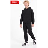Fyk Kids 3 Iplik Düz Kışlık Kanguru Cepli Kapüşonlu Erkek Çocuk Eşofman Takımı - Siyah - 5 Yaş