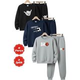 Fyk Kids 3 Iplik Kışlık Yuvarlak Yaka Baskı Detaylı Şardonlu 6 Parça Erkek Çocuk Eşofman Takımı - 10 Yaş - Siyah - Lacivert - Gri