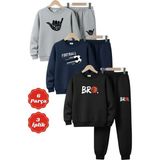 Fyk Kids 3 Iplik Kışlık Yuvarlak Yaka Baskı Detaylı Şardonlu 6 Parça Erkek Çocuk Eşofman Takımı - 11 Yaş - Siyah - Lacivert - Gri