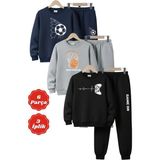 Fyk Kids 3 Iplik Kışlık Yuvarlak Yaka Baskı Detaylı Şardonlu 6 Parça Erkek Çocuk Eşofman Takımı - 7 Yaş - Lacivert - Gri - Siyah