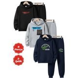 Fyk Kids 3 Iplik Şardonlu Kışlık Baskı Detaylı Kanguru Cepli Kapüşonlu 6 Parça Erkek Çocuk Eşofman Takımı - 9 Yaş - Lacivert - Gri - Siyah