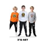 Fyk Kids 3'lü Erkek Çocuk Baskılı Yuvarlak Yaka Alt-üst Pijama Takımı Turuncu