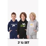 FYK KİDS 3'lü Kanguru Cepli Kapüşon Detaylı Baskılı Erkek Çocuk 3 Parça Sweatshirt