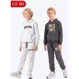 Fyk Kids Erkek Çocuk 2'li Baskılı Kanguru Cepli Kapüşonlu Eşofman Takımı - Gri - Füme - 8 Yaş