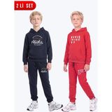 Fyk Kids Erkek Çocuk 2'li Baskılı Kanguru Cepli Kapüşonlu Eşofman Takımı - Lacivert-Kırmızı - 8 Yaş
