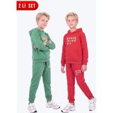 Fyk Kids Erkek Çocuk 2'li Baskılı Kanguru Cepli Kapüşonlu Eşofman Takımı - Yeşil - Kırmızı - 11 Yaş