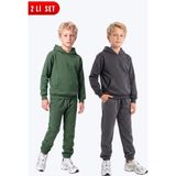 Fyk Kids Erkek Çocuk 2'li Düz Kanguru Cepli Kapüşonlu Eşofman Takımı - Haki - Füme - 11 Yaş