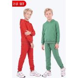 Fyk Kids Erkek Çocuk 2'li Düz Kanguru Cepli Kapüşonlu Eşofman Takımı - Kırmızı - Yeşil - 10 Yaş