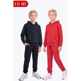 Fyk Kids Erkek Çocuk 2'li Düz Kanguru Cepli Kapüşonlu Eşofman Takımı - Lacivert-Kırmızı - 10 Yaş