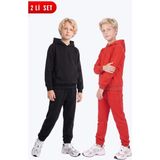 Fyk Kids Erkek Çocuk 2'li Düz Kanguru Cepli Kapüşonlu Eşofman Takımı - Siyah - Kırmızı - 7 Yaş