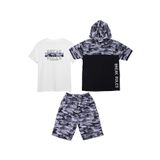FYK KİDS Erkek Çocuk 3'lü Kamuflaj Desenli Kapri-Baskılı Tişört- Kamuflaj Desenli Sweatshirt Alt Üst Takım