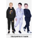 Fyk Kids Erkek Çocuk 3lü Kapüşonlu Kanguru Cepli Baskı Detaylı Eşofman Takımı Çok Renkli