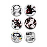 Fynbos 6’lı 44 mm Kedi & Müzik Temalı Rozet Seti – Metal Pin Rozet, Çanta Rozeti, Gitar & Kulaklık Tasarımlı Renkli Aksesuar