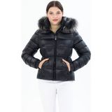 G-Fox Kadın Kısa Çıkarılabilir Kürk Kapşonlu Dolgulu Şişme Mont 8347 - 2XL - Parlak Siyah