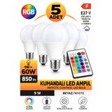 ga gözde aydınlatma 5 Adet Kumandalı RGB LED Ampul 9W | 60W Eşdeğer Güç | 850 Lümen E27 Duy | Uzaktan Kumandalı Renkli Aydınlatma | Ev Oda Salon Ofis İçin Pratik Kontrollü LED Ampul | RGB Işık Seçenekli Aydınlatma