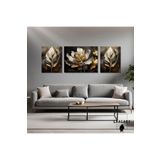 Gaagart 3Lü Kanvas Şık Salon Duvar Tablosu Gold Gri Çiçek Tasarımı, 50 X 70