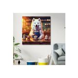 Gaagart Kare Kanvas Kahve Köşesi Cafe Tablosu Barista Samoyed Köpek, 70 X 70
