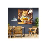 Gaagart Kare Kanvas Kahve Köşesi Cafe Tablosu Barista Sarı Sarman Kedi, 70 X 70