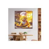 Gaagart Kare Kanvas Mutfak Tablosu Aşçı Hayvanlar Sarı Sarman Kedi, 90 X 90