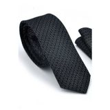 Gaffy Cravatte Beyaz Noktalı Verev Çizgili Siyah Dokuma Kumaş Mendilli Slim Fit Kravat / SDK-220712