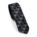 Gaffy Cravatte Beyaz ve Füme Şal Desenli Siyah Dokuma Kumaş Mendilli Slim Fit Kravat // SDK-240806